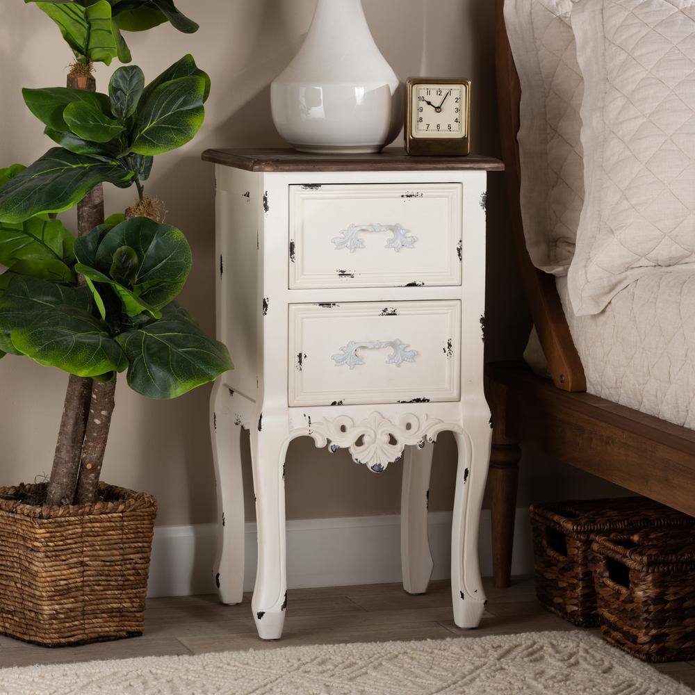 Walnut Brown & Antique White 2-Drawer Mid-Century Nightstand