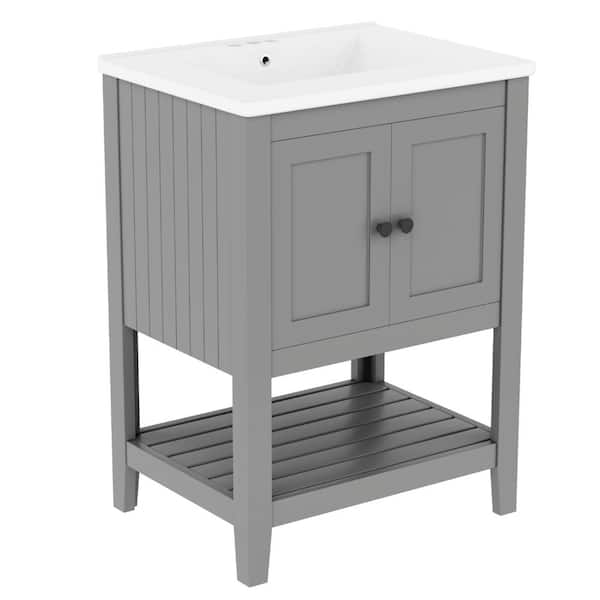 24 in. W Gray Freestanding Bath Vanity with White Ceramic Top Sink,Open Shelf, 2 Doors