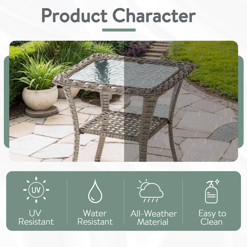 Carlos Gray Steel and Wicker Outdoor End Table with Glass Top
