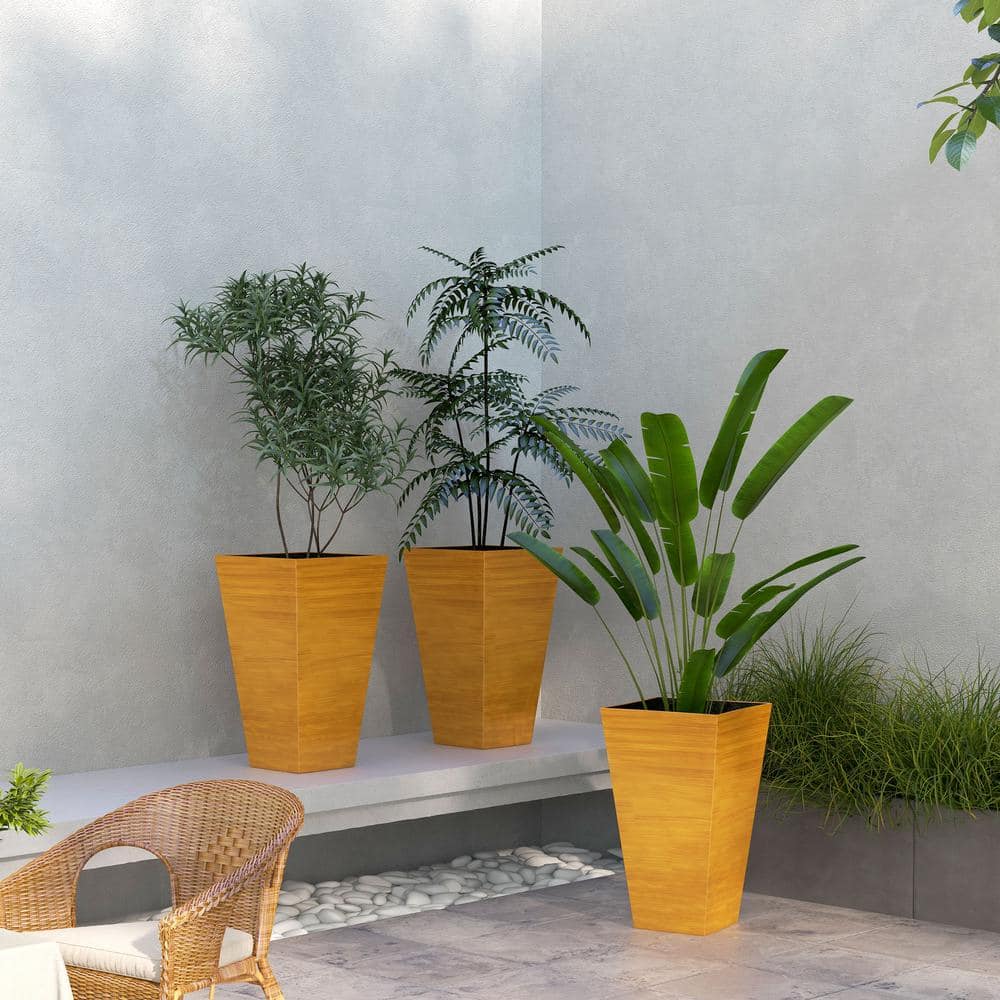 Set of 3 Light Brown Tall Faux Wood Outdoor Planters