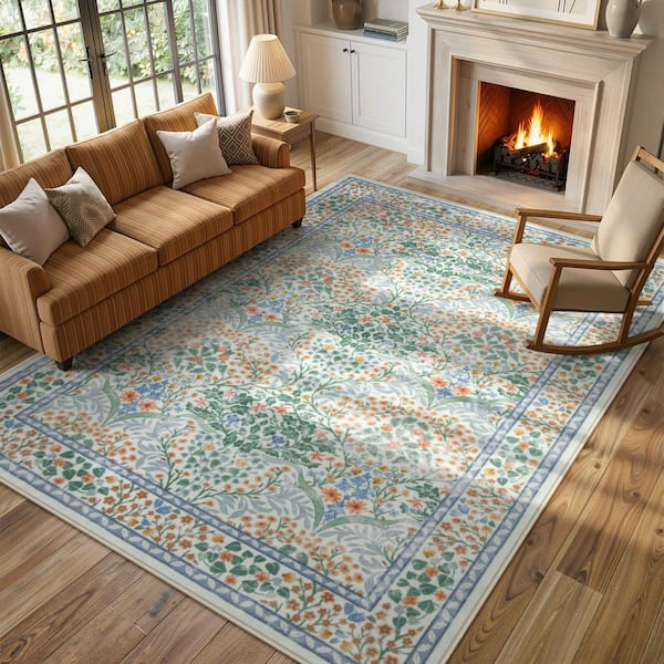Boho Floral Botanical Washable Non Slip Light Green 8 ft. x 10 ft. Living Room Bedroom Area Rug