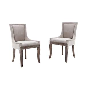 Ultra Side Dining Chair, Thickened fabric chairs with neutrally toned solid wood legs, Bronze nail head, Set of 2-Beige