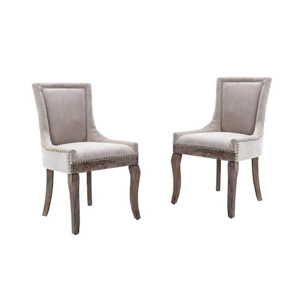 ANBAZAR Ultra Side Dining Chair, Thickened fabric chairs with neutrally toned solid wood legs, Bronze nail head, Set of 2-Beige