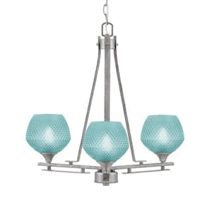 Ontario 19.25 in. 3 Light Aged Silver Geometric Chandelier for Dinning Room with Turquoise Shades, no bulbs included