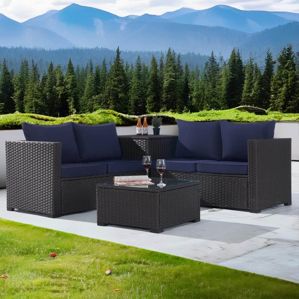 4-Piece Patio Rattan Sectional Sofa Set with Storage Box and Glass Coffee T