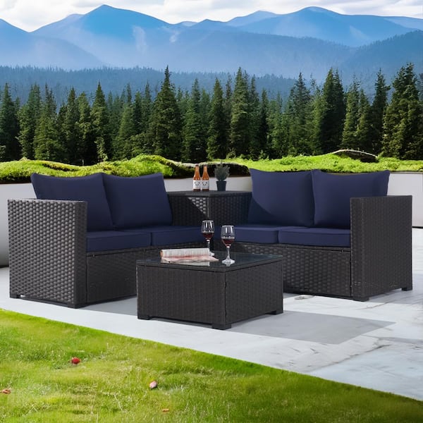 SANSTAR 4-Piece Patio Rattan Sectional Sofa Set with Storage Box and Glass Coffee Table with Navy Blue Cushion
