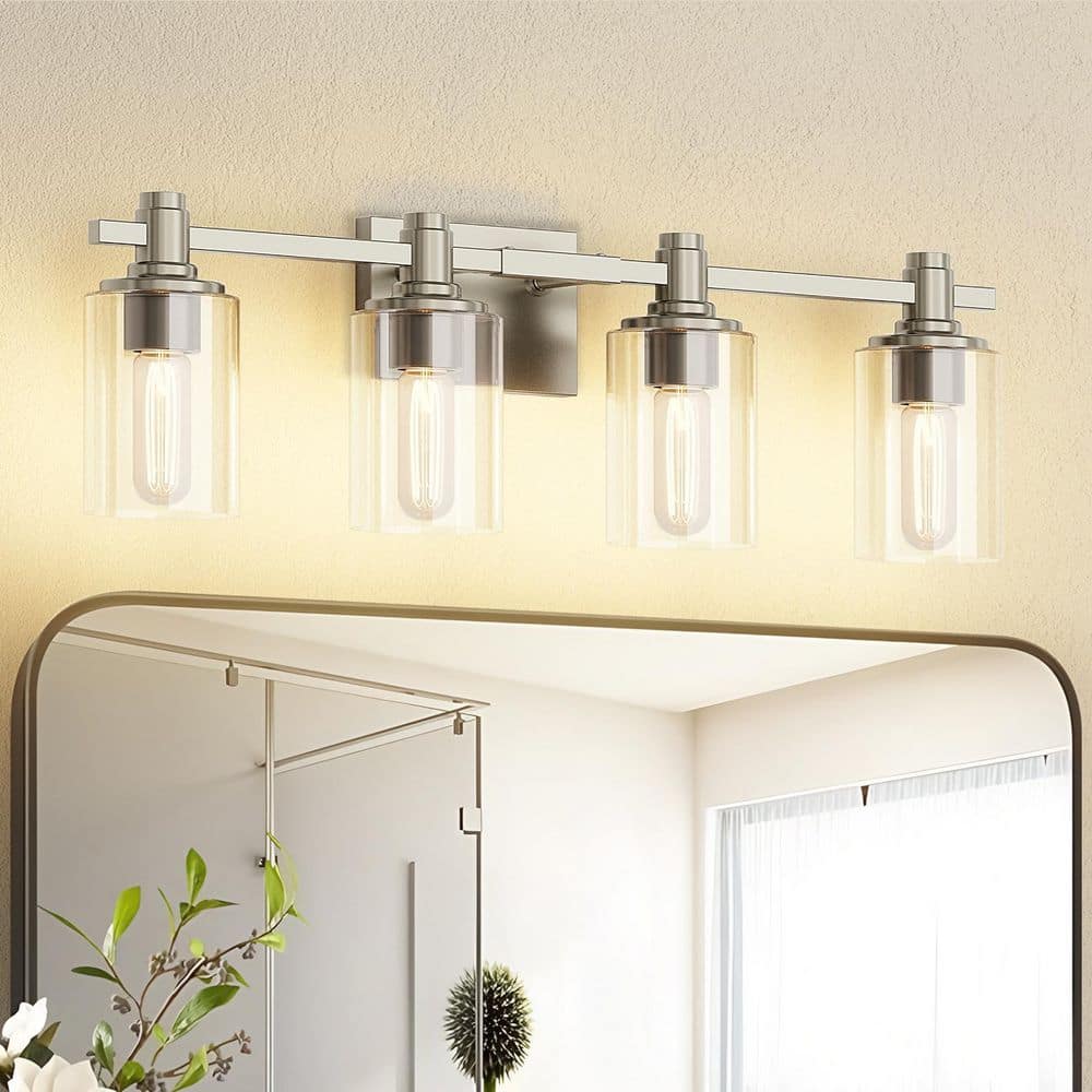 26.97 in. 4 Light Nickel Bathroom Vanity Light with Cylinder Clear Glass shades price history on PriceWatchPro