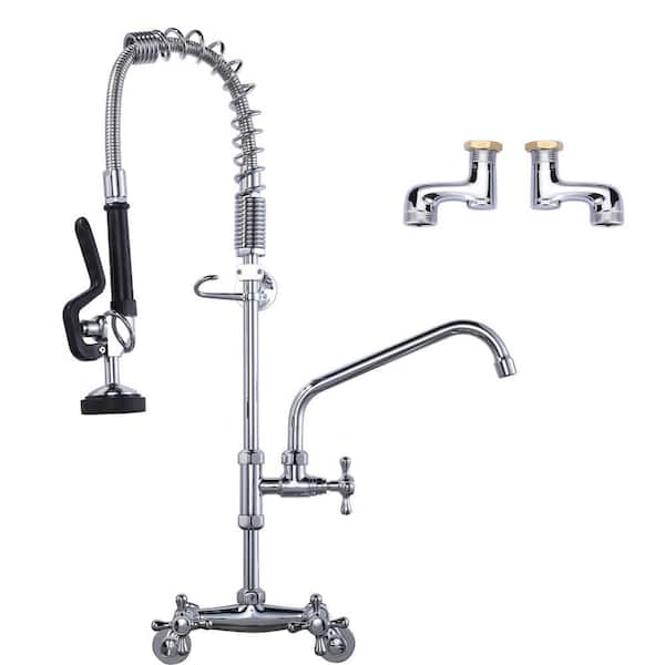 26 in. Commercial 3-Handle Pull Down Kitchen Faucet Wall Mount with Pre Rinse Sprayer in Chrome