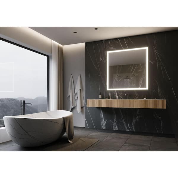Unbranded 42 in. W x 42 in. H Square Powdered Gray Framed Wall Mounted Bathroom Vanity Mirror 3000K LED
