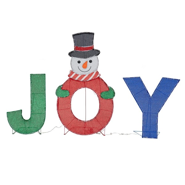 48 in. Christmas Lighted Joyous Snowman, 2D Tinsel Santa Display Set Outdoor Yard Lawn Festive Decoration with Lights