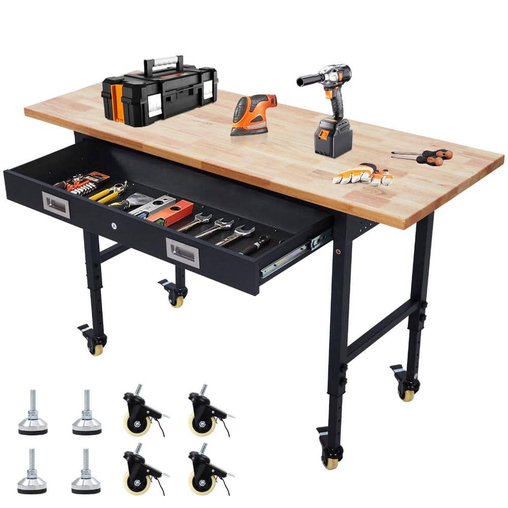 60 in. Adjustable Height Rubberwood Workbench with Drawers, Power Outlet and Locking Wheels price history on PriceWatchPro