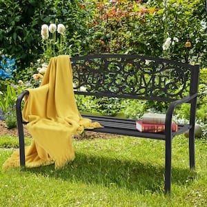 Black Metal Outdoor Bench with Welcome Design Backrest