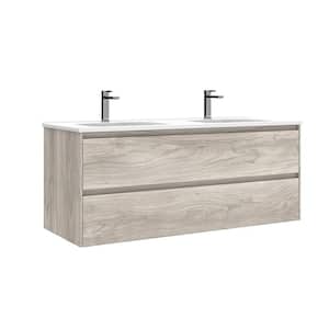 Perla 47.6 in. W x 18.1 in. D x 19.5 in. H Double Sink Wall Mounted Bath Vanity in Grey Pine with White Ceramic Top