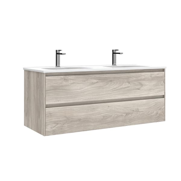 WS Bath Collections Perla 47.6 in. W x 18.1 in. D x 19.5 in. H Double Sink Wall Mounted Bath Vanity in Grey Pine with White Ceramic Top