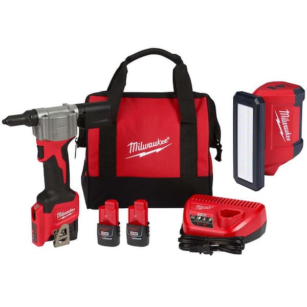 Milwaukee M12 12-Volt Lithium-Ion Cordless Rivet Tool Kit with (2) 1. 5Ah Batteries, Charger & ROVER Flood Light with USB Charging