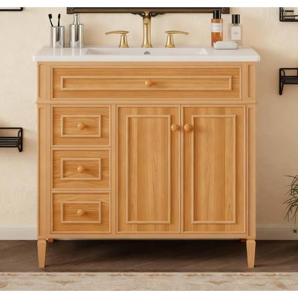 LuckByte 36 in. Yellow Wood Rectangle Vessel Sink Bathroom Vanity