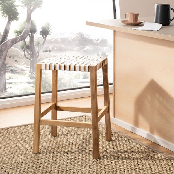 Capri 27 in. Light Brown/White Leather Wood Backless Counter Stool