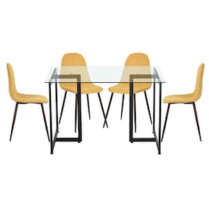 Slip Charlton Yellow 5-Pcs Dining Set with Glass Top Black Leg Table and Fabric Upholstered Chairs