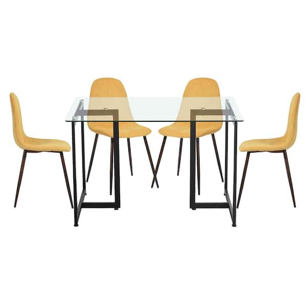 Homy Casa Slip Charlton Yellow 5-Pcs Dining Set with Glass Top Black Leg Table and Fabric Upholstered Chairs