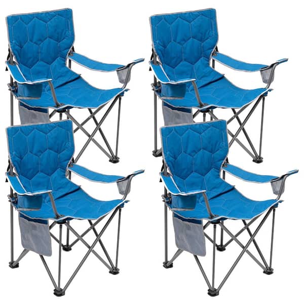 Clihome Outdoor Metal Frame Blue Folding Beach Chair with Side Pocket (Set of 4)