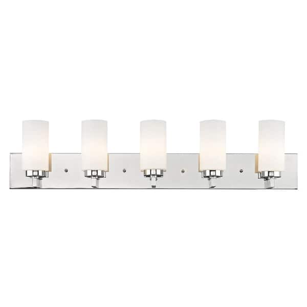 AVIANCE LIGHTING Cranbrook 35 in. 5-Light Polished Chrome Vanity Light with Satin Opal White Twist Lock Cylinder Glass