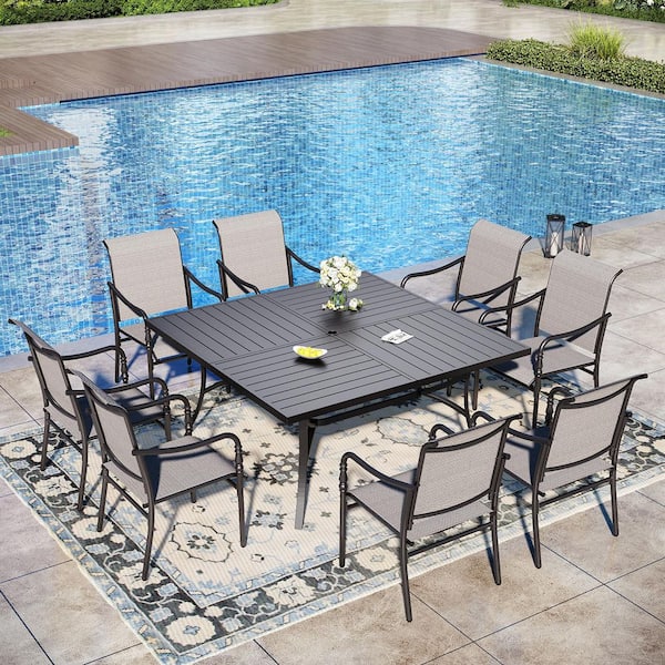 Black 9-Piece Metal Outdoor Patio Dining Set with Slat Extra-large Square Table and Gourd-shaped Design Textilene Chairs