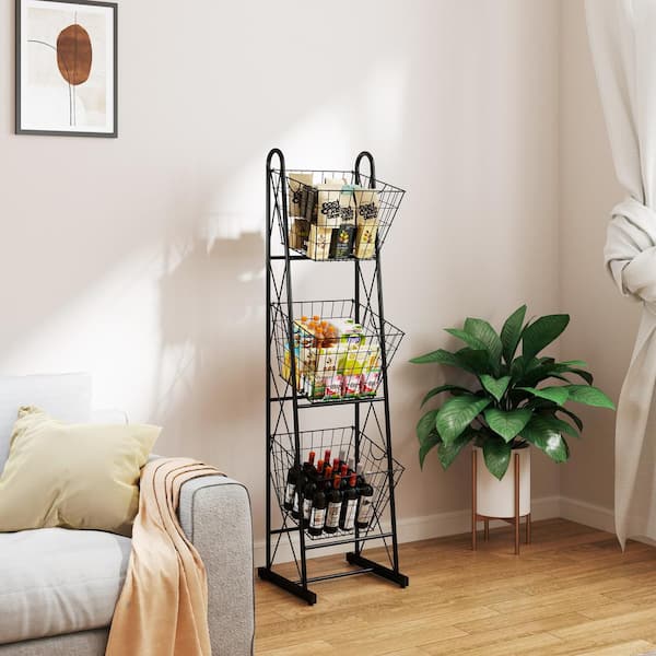 Tileon 3-Tier Kitchen Storage Basket Organizer, Freestanding Metal Wire Rack for Fruit, Vegetables, and Pantry Items-Black