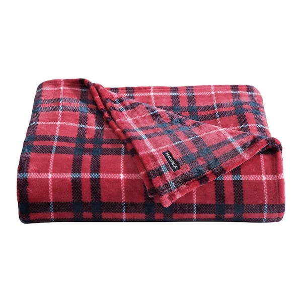 Nautica Winter Tattersall 1-Piece Dark Red Ultra Soft Plush Fleece King Blanket