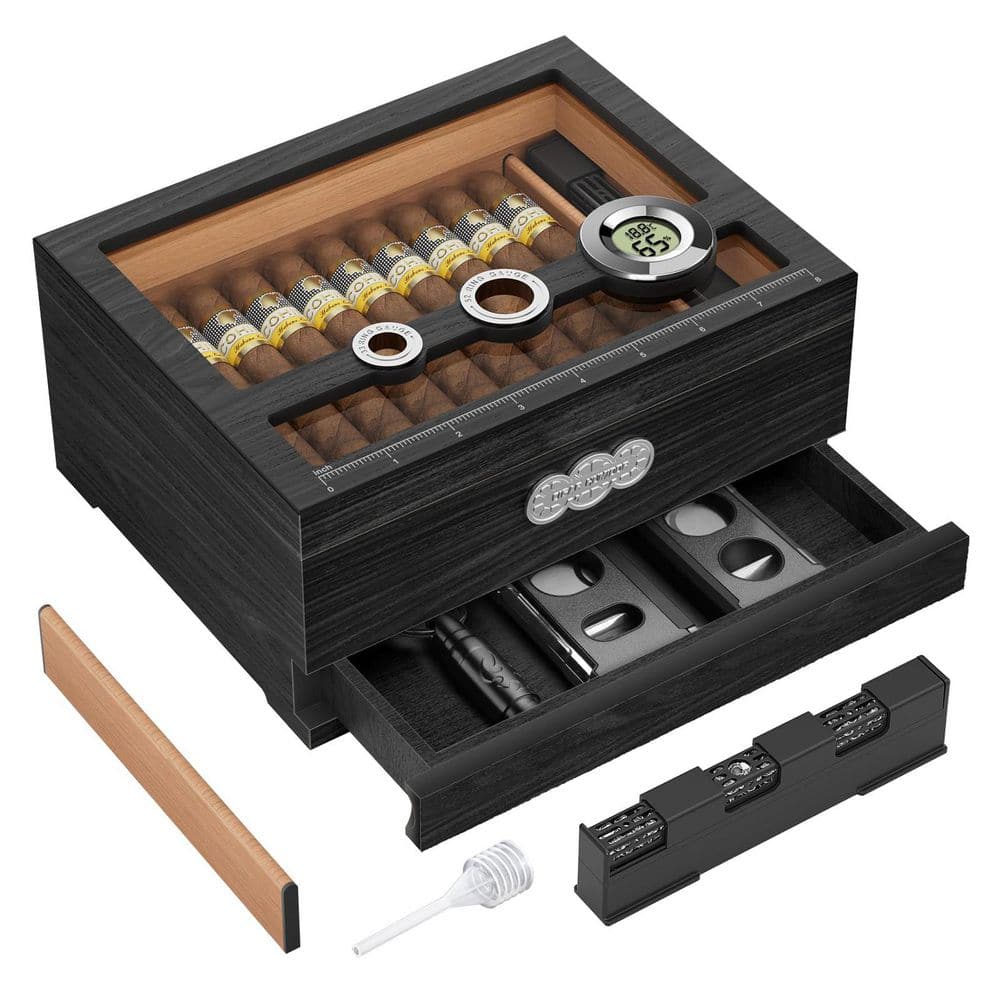 Modern Humidor Box 10.24 in. W x 5.9 in. H Brown Cedar Wood Cigar Humidor Box with Glass ...