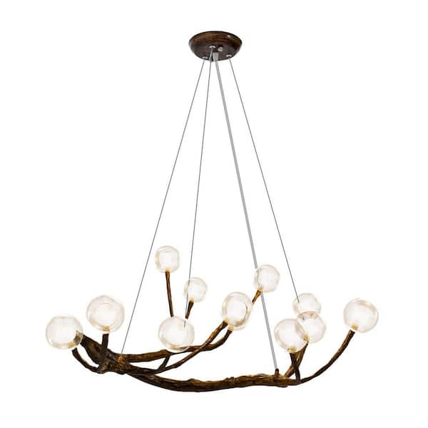 OUKANING 12-Light Vintage Style Adjustable Height Brown Resin Chandelier with Clear Glass Shades