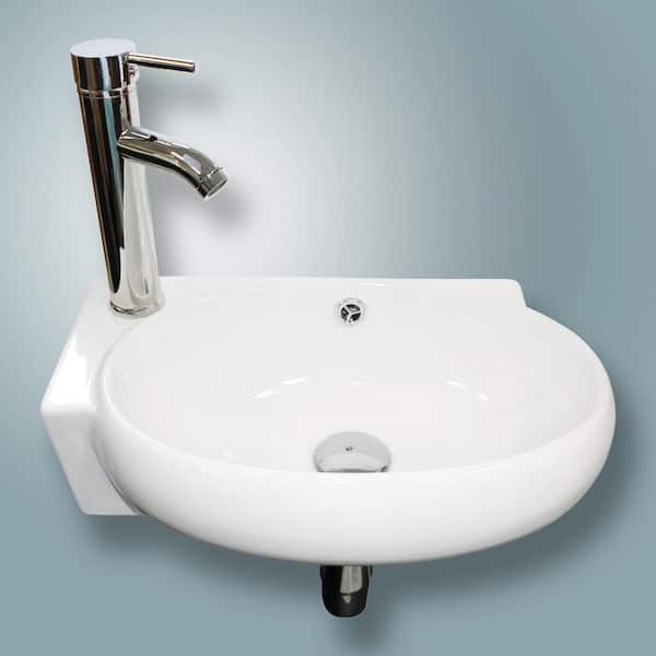 Wall Mount Corner Bathroom White Basin Vessel Sink with pop up and overflow hose 