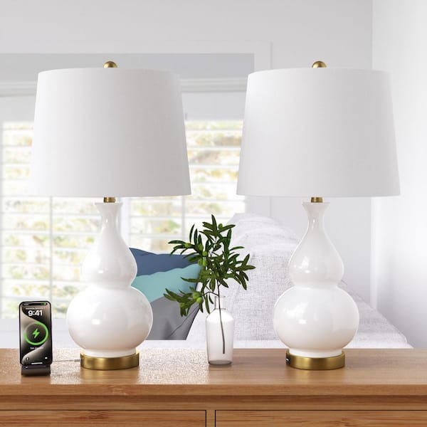 26.5 in. White Modern Dimmable Ceramic Bedroom Living Room Bedside Desk Nightstand Table Lamps USB Port (Set of 2)