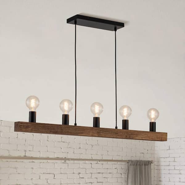 Y'INSP Simple 5 Light Island Pendant Light Matte Black Farmhouse Linear Wood Chandelier for Dining Room with No Bulb Included