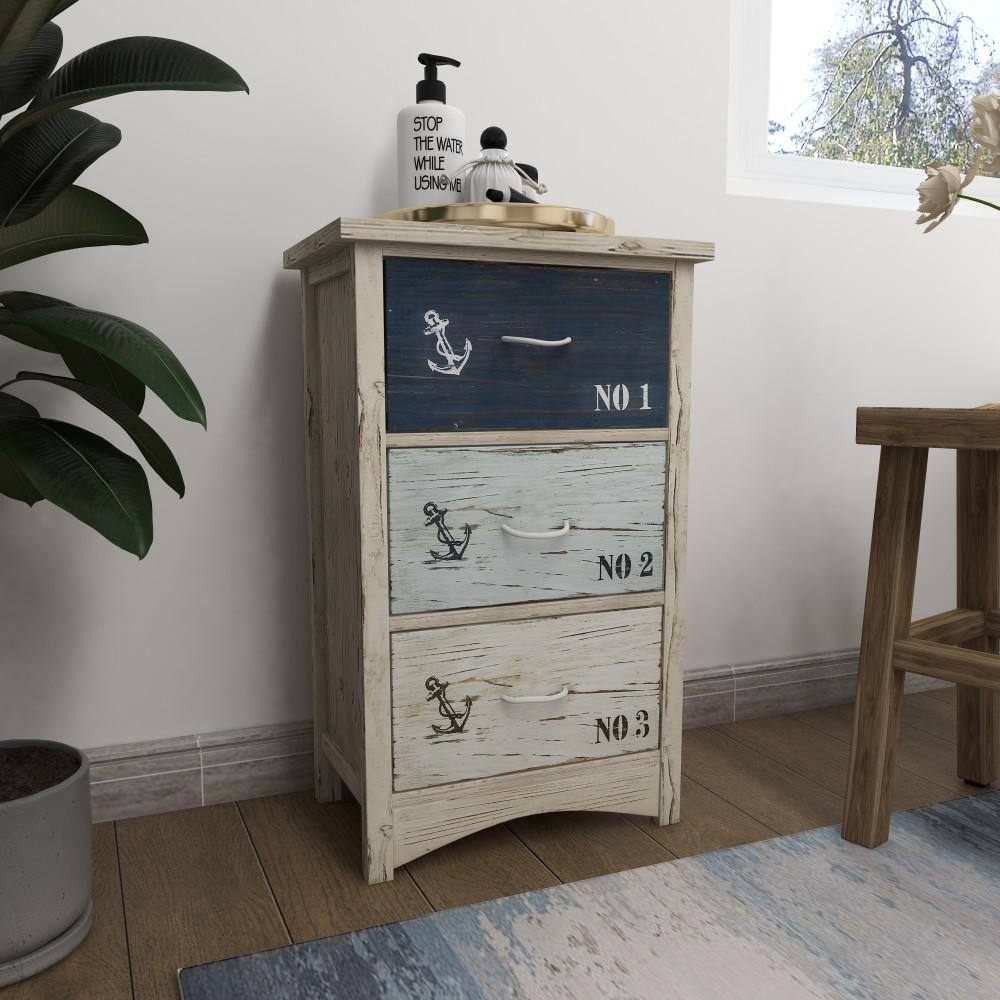 White and Blue Wood Nautical Night Table with Rope Handles