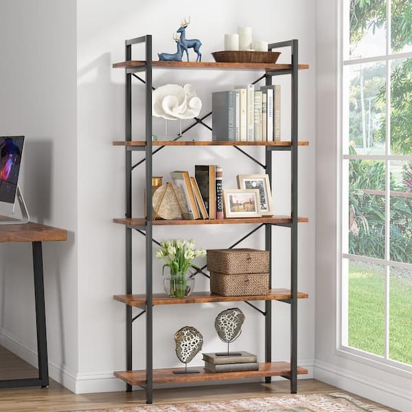 Clinz 63 in. Brown Wood 5-Tier Vintage Bookcase Extra Tall Bookshelf with Storage Shelves