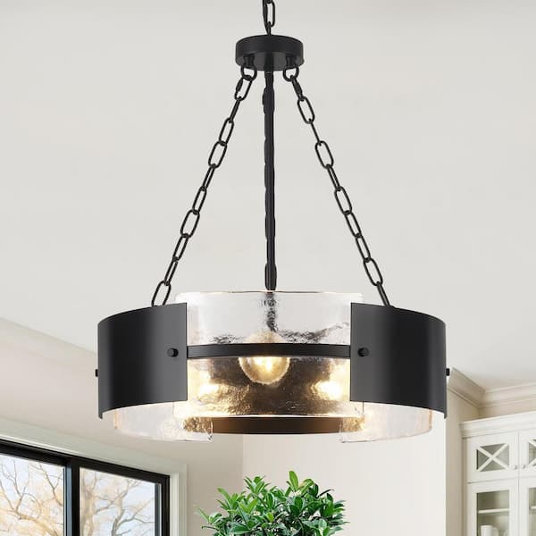 ZSMIHDOH 19.3 in. 5-Light Modern Black Metal Drum Chandelier with Water Glass Shade