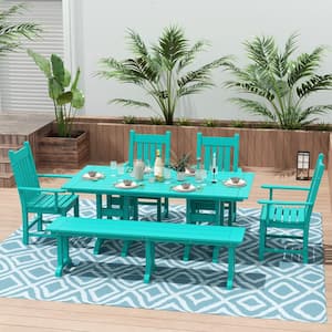 Hayes Turquoise 6-Piece HDPE Plastic Rectangular Outdoor Armchair Dining Table Set with Bench
