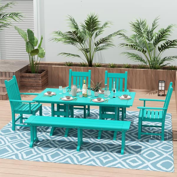 WESTIN OUTDOOR Hayes Turquoise 6-Piece HDPE Plastic Rectangular Outdoor Armchair Dining Table Set with Bench