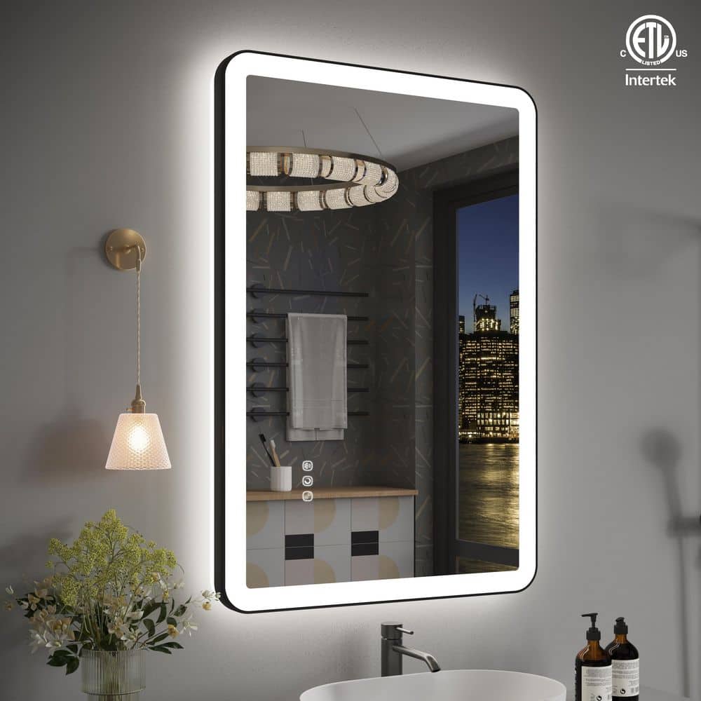 36 in. W x 24 in. H Rectangular Angle Rounded Framed Super Bright LED Wall Mounted Bathroom Vanity Mirror in Matte Black price history on PriceWatchPro
