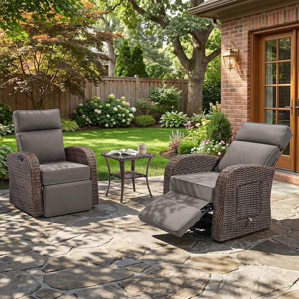 3-Piece PE Rattan Wicker Swivel Outdoor Recliner Lounge Chair Adjustable Backrest with Gray Cushions, Side Table