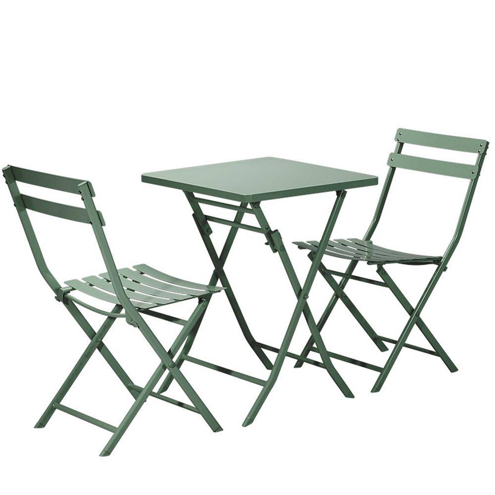 3 Piece Dark Green Metal Patio Outdoor Bistro Set of Foldable Square Table 
