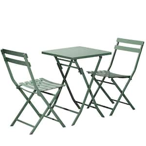 3 Piece Dark Green Metal Patio Outdoor Bistro Set of Foldable Square Table and Chairs