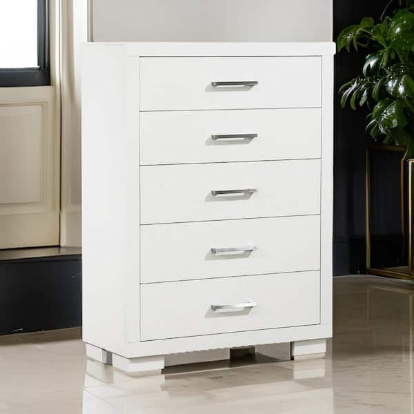 Benjara White and Nickel Silver 5-Drawers 36 in. Dresser Without Mirror