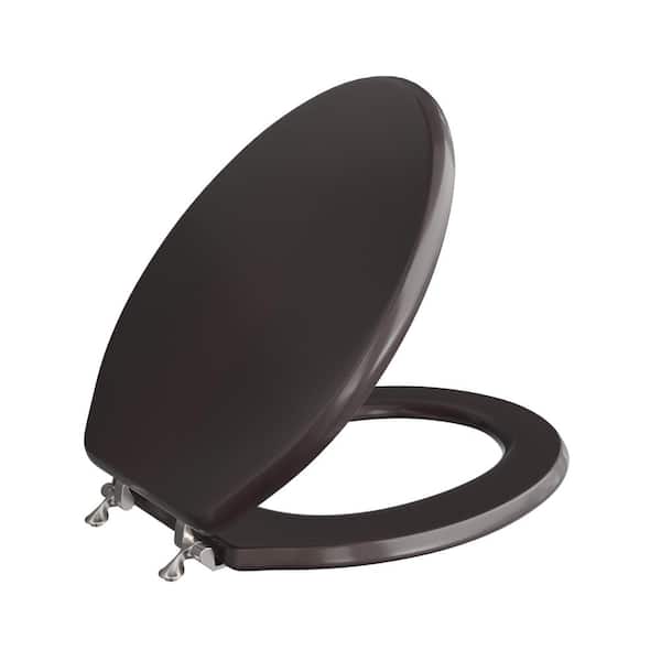 JONES STEPHENS Designer Wood Elongated Closed Front Toilet Seat with Cover and Chrome Hinge in Piano Dark Brown