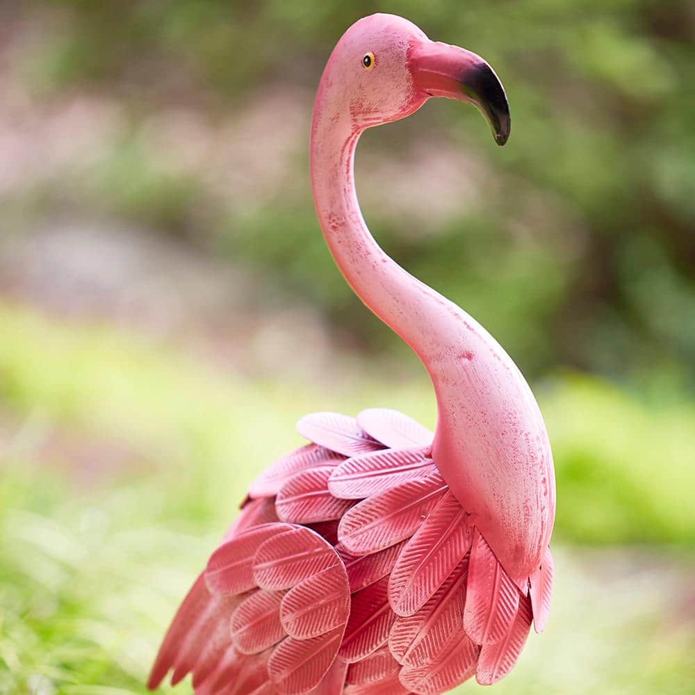35-Inch Pink Metal Flamingo Garden Statue