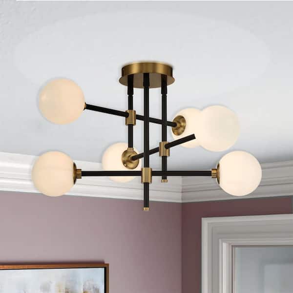 Cosmet 20 in. 6-Light Black and Aged Brass Sputnik Flush Mount with Etched Opal Glass Shades and No Bulbs Included
