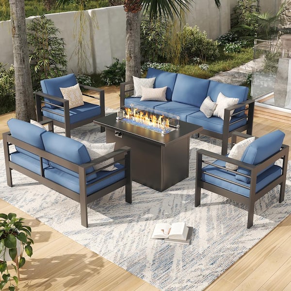 ELPOSUN 5-Piece Charcoal Gray Aluminum Patio Conversation Set with Navy Cushions and Fire Pit