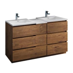 Lazzaro 60 in. Modern Double Bathroom Vanity in Rosewood with Vanity Top in White with White Basins