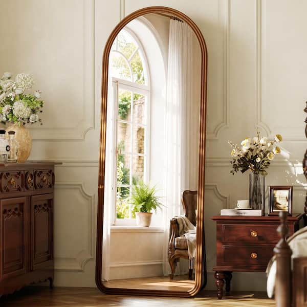 Red Walnut 24 in. W x 65 in. H Arch Top Round Edges Brown Solid Wood Framed Full Length Mirror Floor Mirror