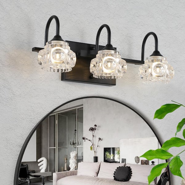 17 in. 3-Light Black Vanity Lights Fixture with Clear Crystal Shades and No Bulbs Included